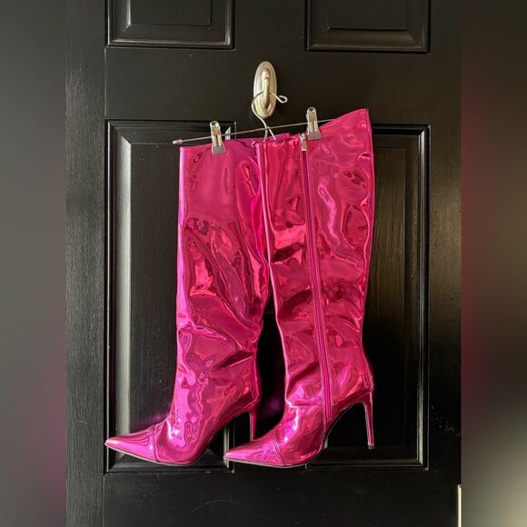 Metallic Pink Patent Leather Tall Stiletto Boots Size 9.5 - Picture 8 of 14
